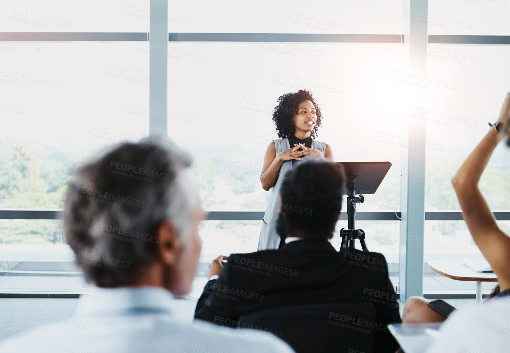 Buy stock photo Seminar, presentation and woman presenter in the office boardroom for a business conference. Corporate speech, speaker and female manager talking at a tradeshow, meeting or workshop in the workplace.