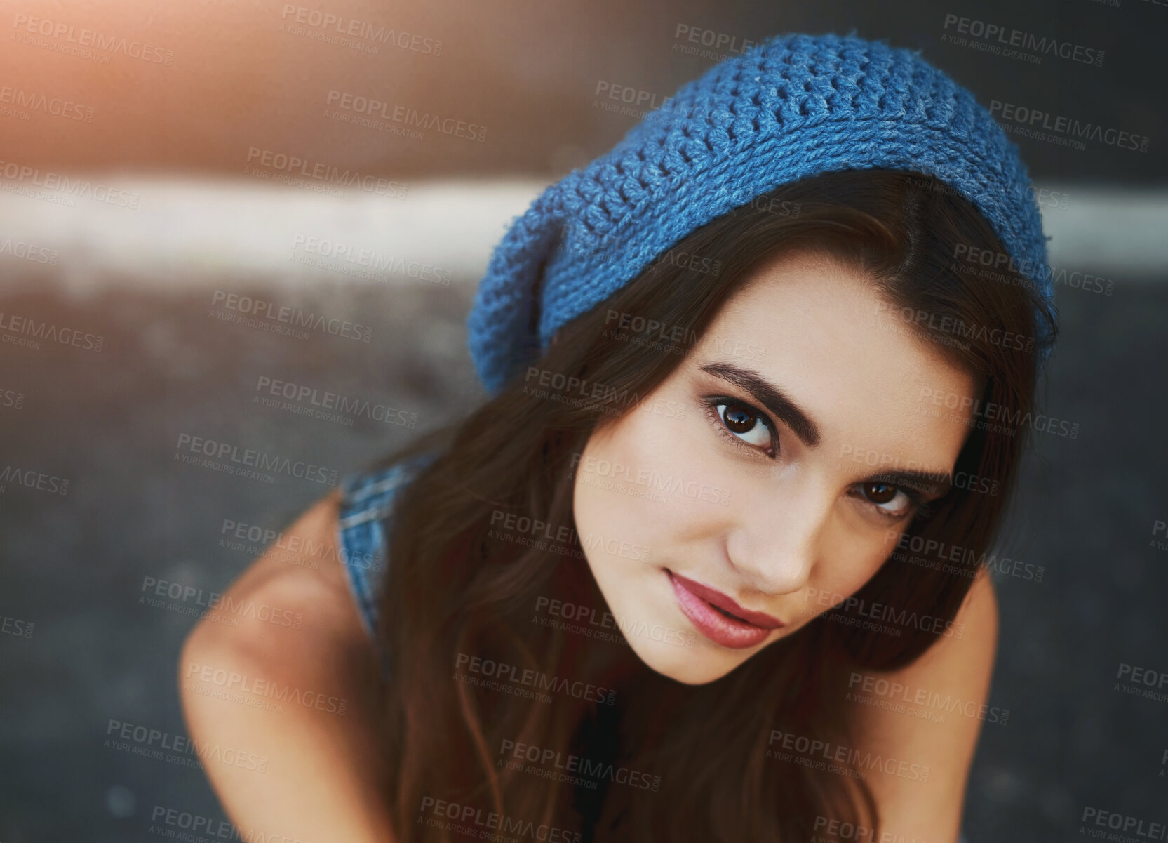 Buy stock photo Girl, portrait and beanie with makeup in fashion, beauty style or cosmetics in urban town. Face of young female person or outdoor model with lipstick and winter cap in hipster trend or accessory