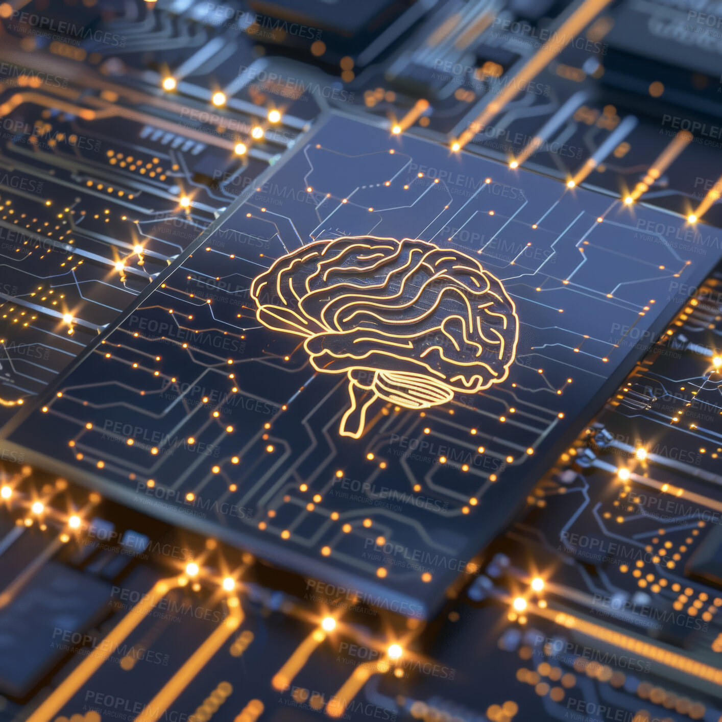 Buy stock photo Brain, circuit board and cloud computing with semiconductor for data with cybersecurity dashboard. Metaverse, wireframe and microchip for neuroscience technology interface with futuristic information