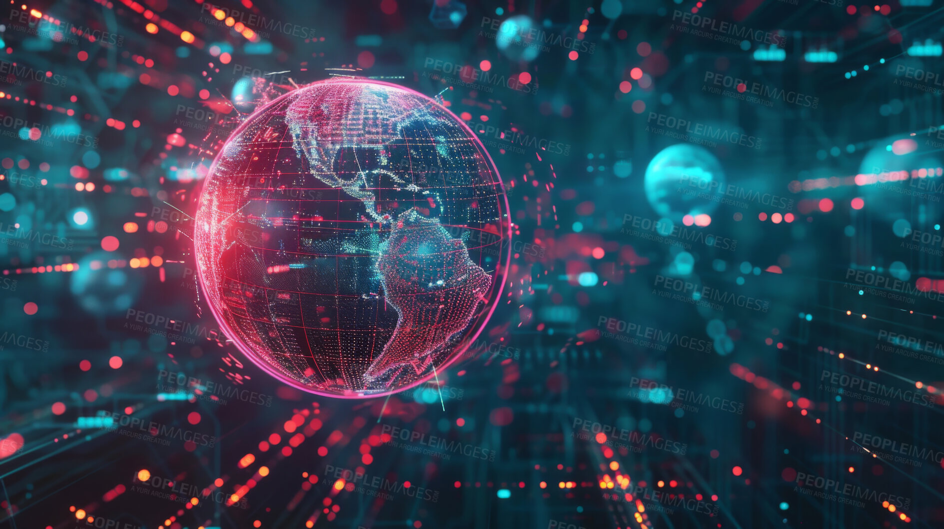 Buy stock photo Communication, earth and hologram for futuristic networking in metaverse with 3D technology. AI, database and global with cloud computing, cybersecurity or virtual reality simulator for transfer