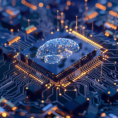 Brain, circuit board and cloud computing with microchip for data with cybersecurity dashboard. Metaverse, wireframe and semiconductor for neuroscience technology interface with futuristic information