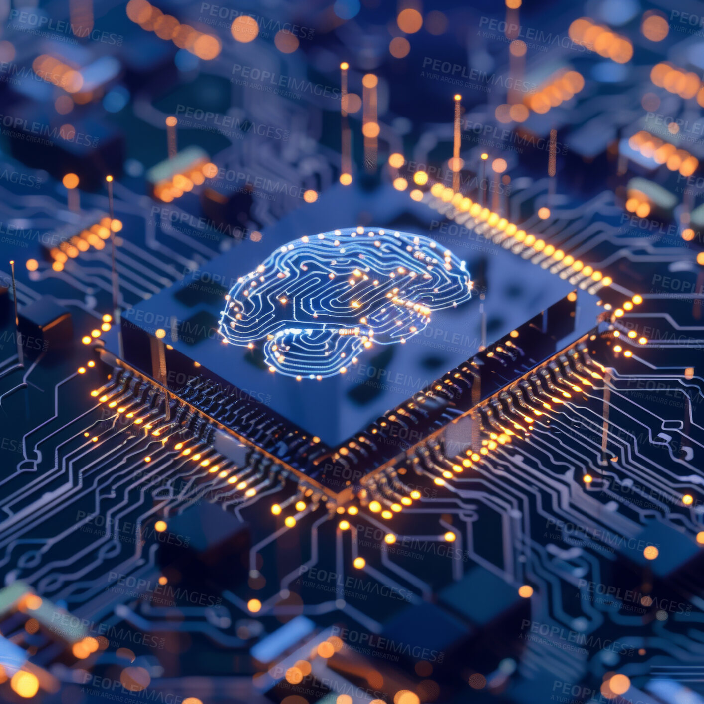 Buy stock photo Brain, circuit board and cloud computing with microchip for data with cybersecurity dashboard. Metaverse, wireframe and semiconductor for neuroscience technology interface with futuristic information