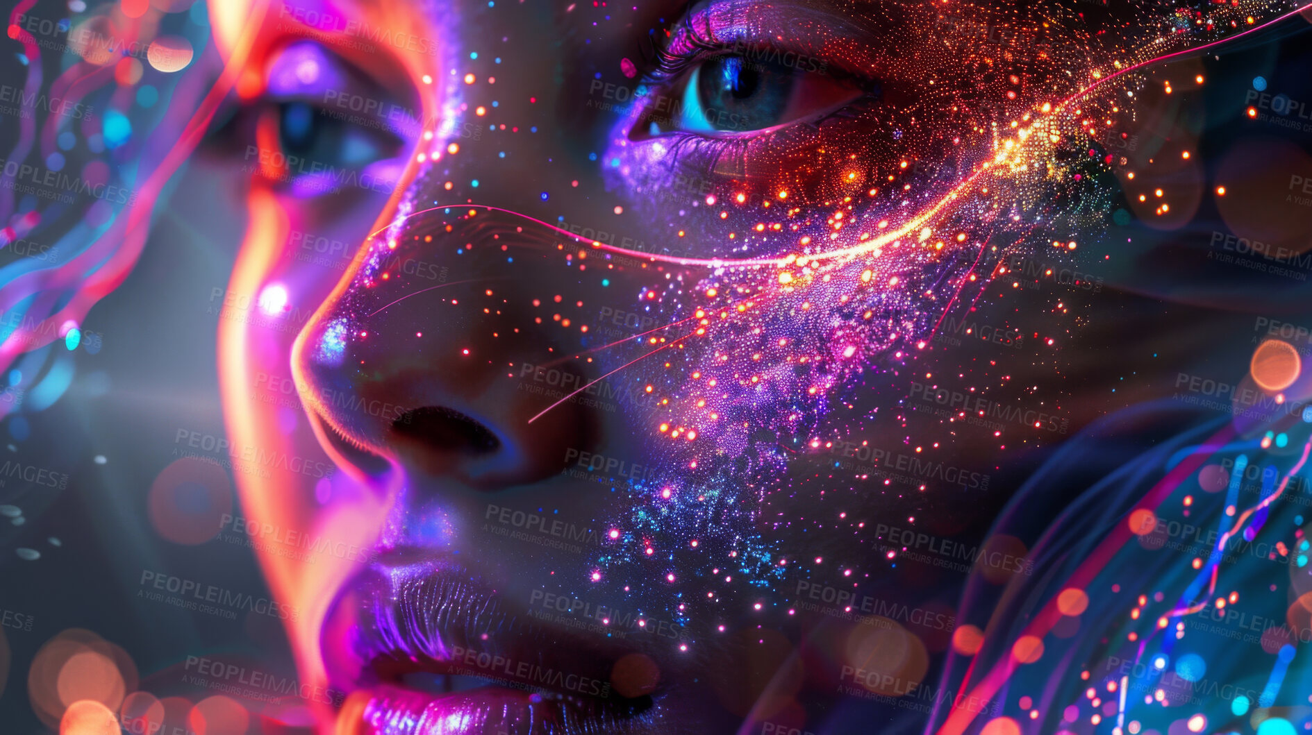 Buy stock photo Person, futuristic and technology background or abstract bokeh or cyberpunk, electronics or big data. Digital, galaxy and bright lights with frequency particles for metaverse, cyborg or connectivity