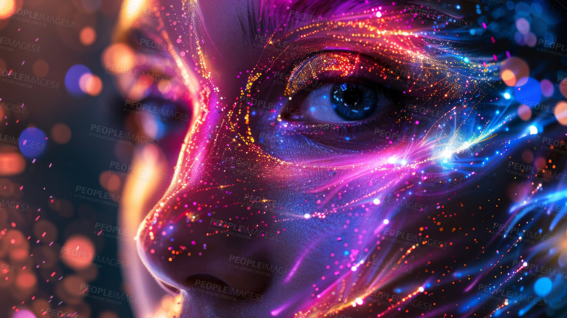 Buy stock photo Person, closeup and neon face with paint or futuristic technology for party, New Years or rave. Cyberpunk, particles and abstract bokeh with glowing galaxy or connectivity art, creativity or night
