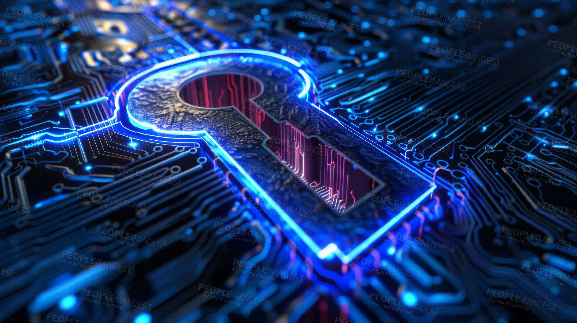 Buy stock photo Keyhole, network and cyber security with digital connectivity, lights and pattern on neon motherboard. Password, firewall and lock on future technology for system information protection in cyberspace