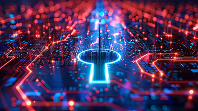 Keyhole, network and cybersecurity with digital connectivity, lights and pattern on neon motherboard. Password, firewall and lock on future technology for system information protection in cyberspace