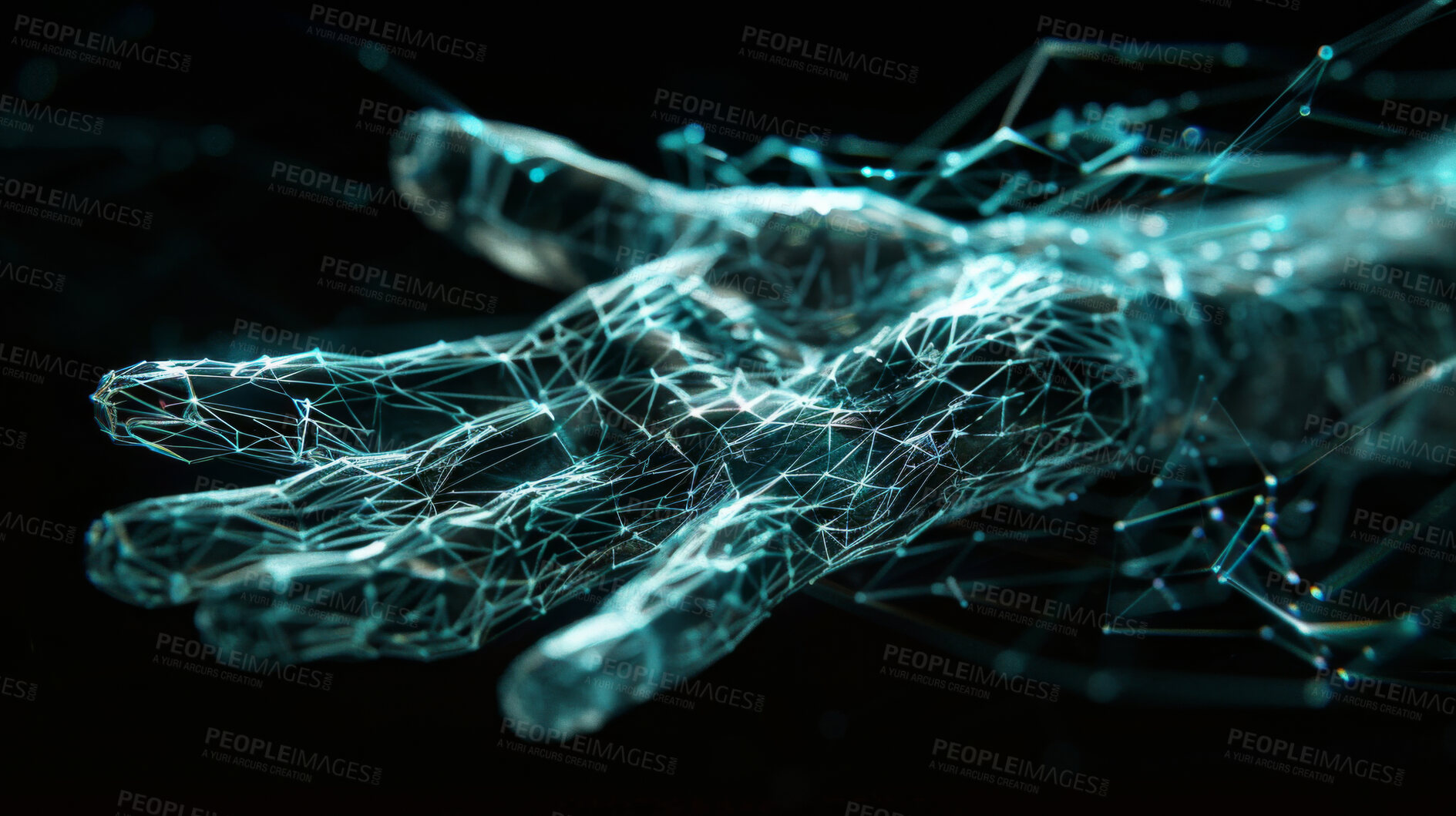 Buy stock photo Polygon, hand and futuristic with innovation, wireframe and care with science development for online help. Modern illustration, tech support and 3d assessment with connection  and virtual assistant