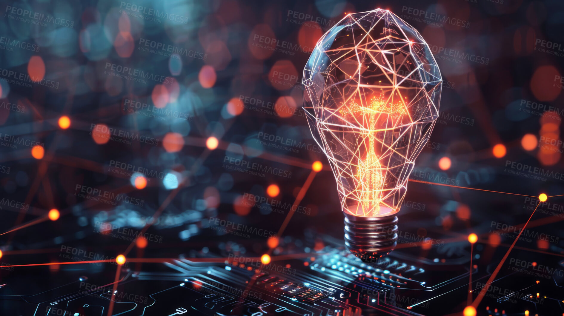 Buy stock photo Future, idea and lightbulb with power from technology, innovation or progress in clean energy grid. Electricity, development and sustainable engineering from cyber connection or network system