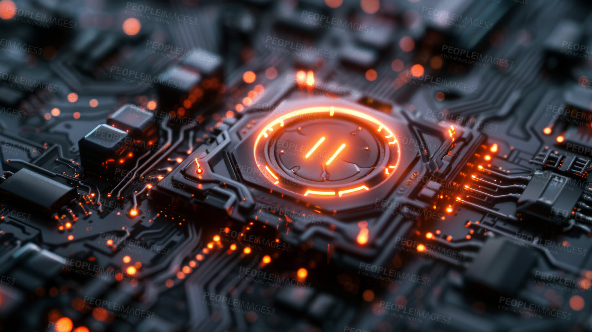 Buy stock photo AI, microchip and processor technology for cybersecurity or futuristic database infrastructure. Computer, database and hardware with cpu closeup in cloud computing mainframe for communication network