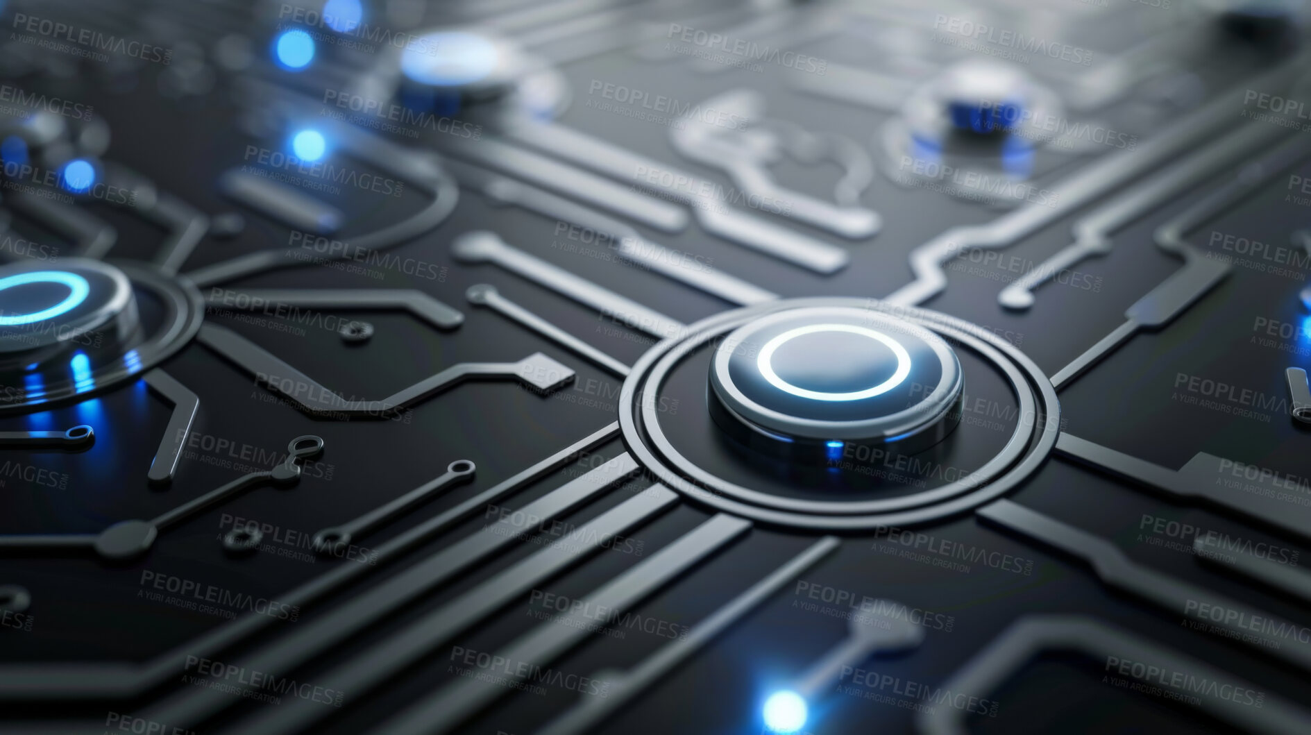 Buy stock photo Digital, circuit board and pattern or technology with futuristic innovation, electronic and energy or power. Light, connection and dashboard in abstract or wallpaper for electricity and network