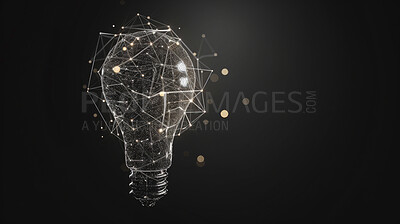 Polygon, light bulb and ideas with innovation for business model and green energy on dark background. Symbol, graphic design for development and electrical supply chain with icon and artistic element