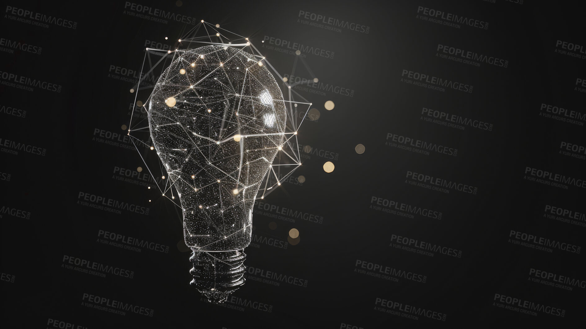 Buy stock photo Polygon, light bulb and ideas with innovation for business model and green energy on dark background. Symbol, graphic design for development and electrical supply chain with icon and artistic element