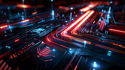 Digital, circuit board and electric or technology with futuristic innovation, electronic and energy or power. Red, light and connection for dashboard in abstract or wallpaper for inductor and network