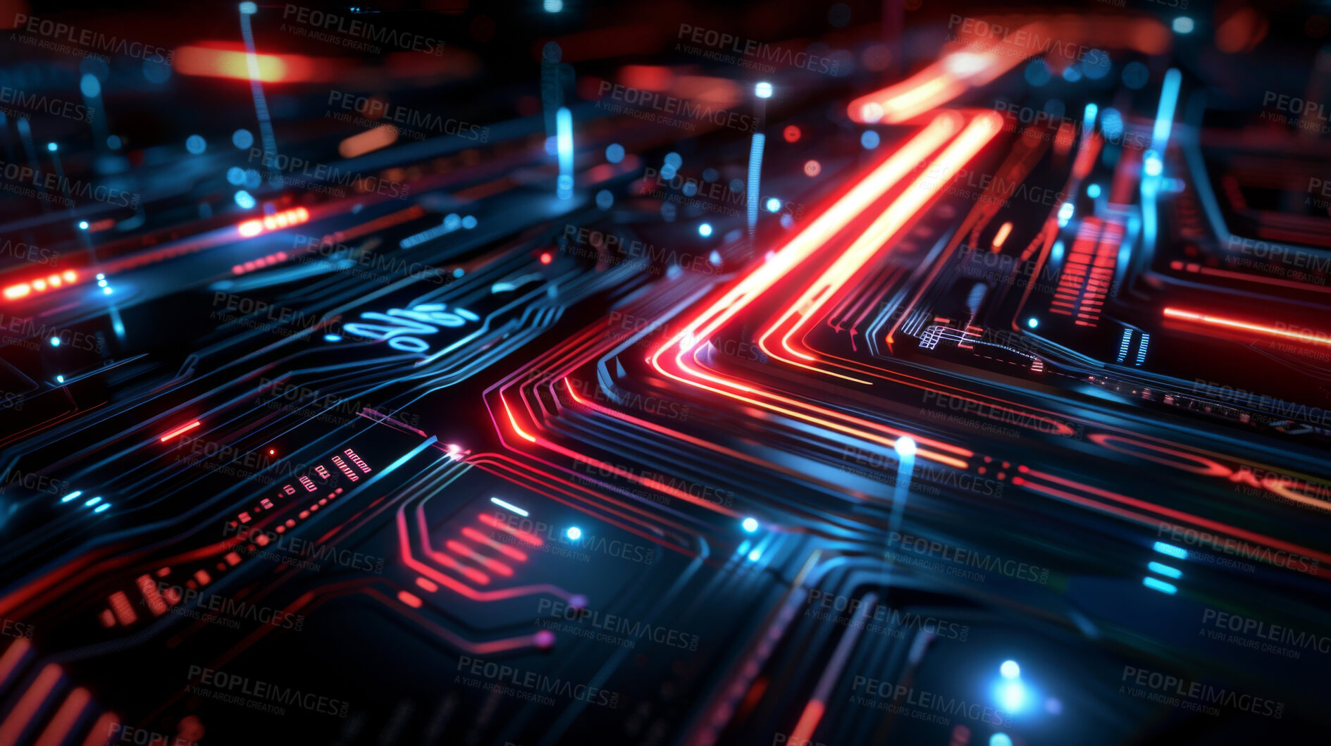 Buy stock photo Digital, circuit board and electric or technology with futuristic innovation, electronic and energy or power. Red, light and connection for dashboard in abstract or wallpaper for inductor and network