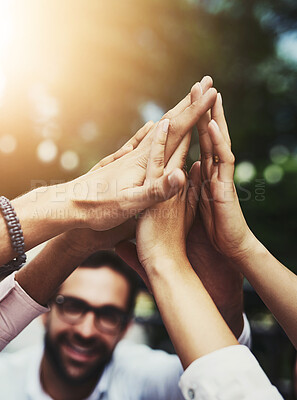 Buy stock photo Business people, hands and high five with team for motivation, unity or growth together in nature. Closeup of group touching in meeting, huddle or solidarity for support, mission or outdoor community