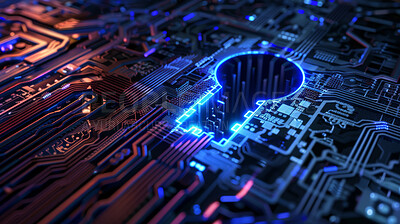 Keyhole, data and cybersecurity with digital connectivity, lights and pattern on neon motherboard. Password, firewall and lock on future technology for system information protection in cyberspace