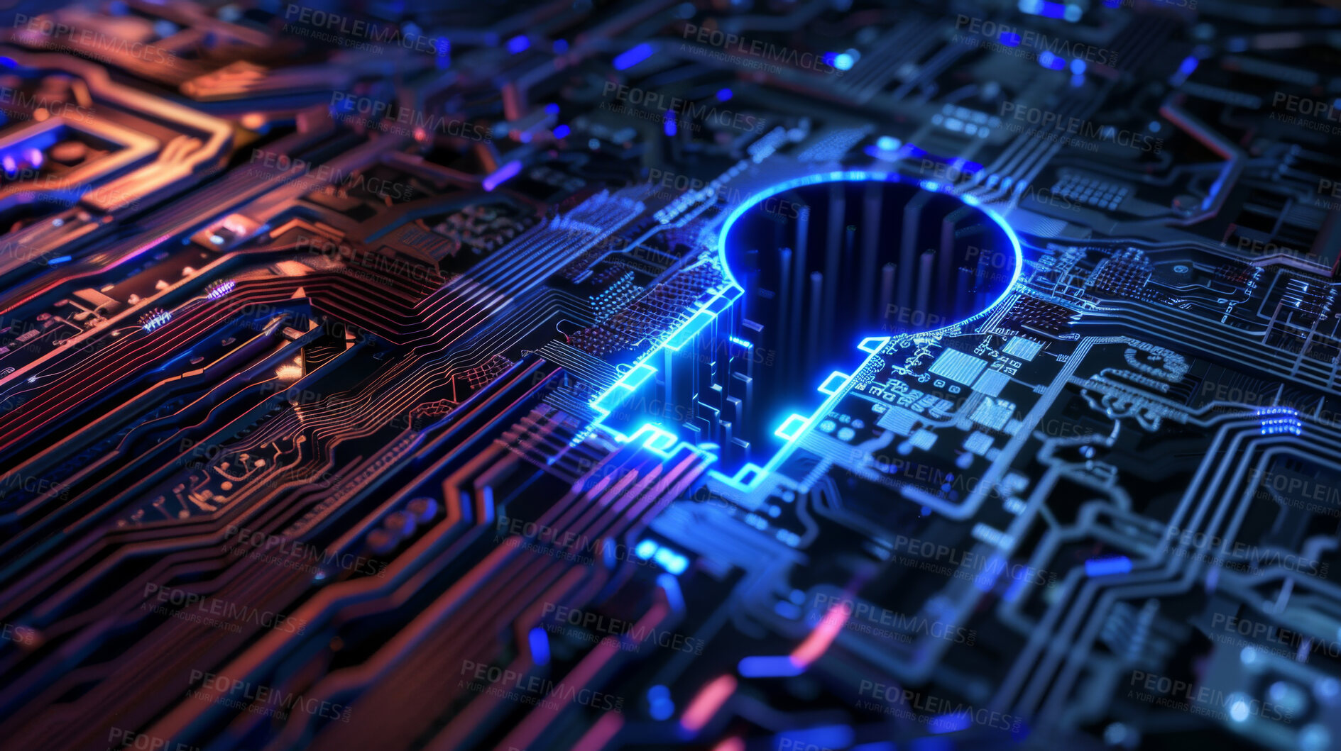 Buy stock photo Keyhole, data and cybersecurity with digital connectivity, lights and pattern on neon motherboard. Password, firewall and lock on future technology for system information protection in cyberspace