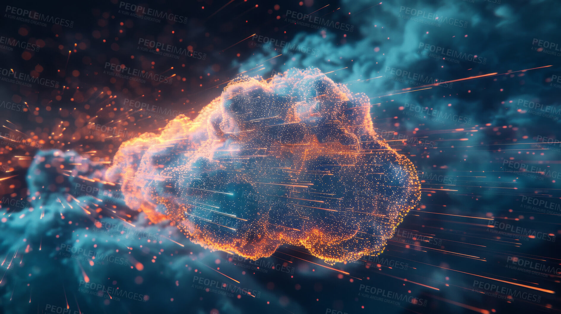 Buy stock photo Technology, abstract and cloud in cyber space on network for connectivity, global internet matrix and digital download. Cybersecurity, big data and futuristic information storage with pattern on web3