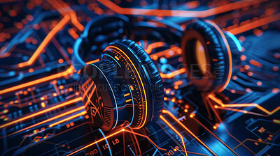 Art, illustration or headphones with sound wave tech on neon circuit board for digital transformation. Future engineering, 3d or headset and connection grid for global, streaming or ai music research