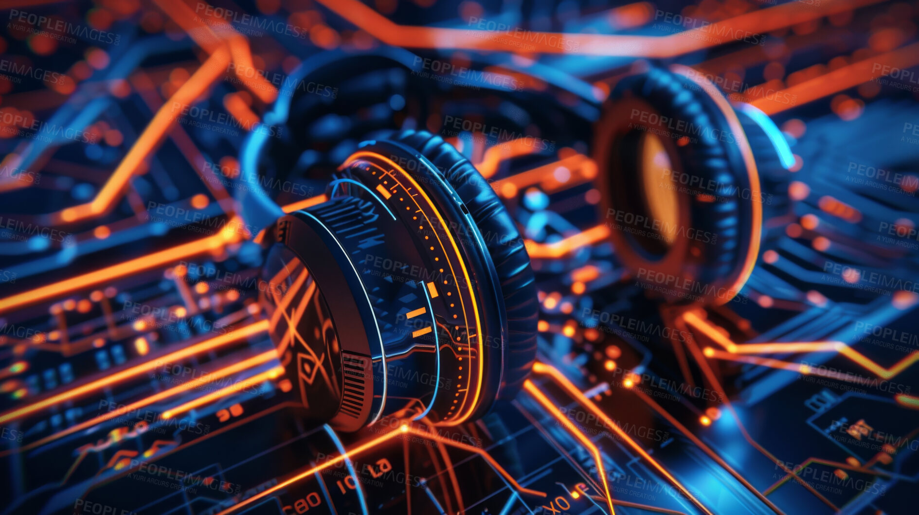 Buy stock photo Art, illustration or headphones with sound wave tech on neon circuit board for digital transformation. Future engineering, 3d or headset and connection grid for global, streaming or ai music research