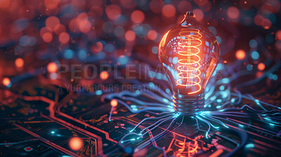Lightbulb, idea and future of power from technology, innovation or progress in clean energy grid. Electricity, circuit board and sustainable engineering from cyber connection or network system