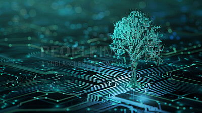 Tree, tech and wireframe with circuit board, future and microchip with database and sustainability. Engineering, connection and code for network development and electrical system with cyber security