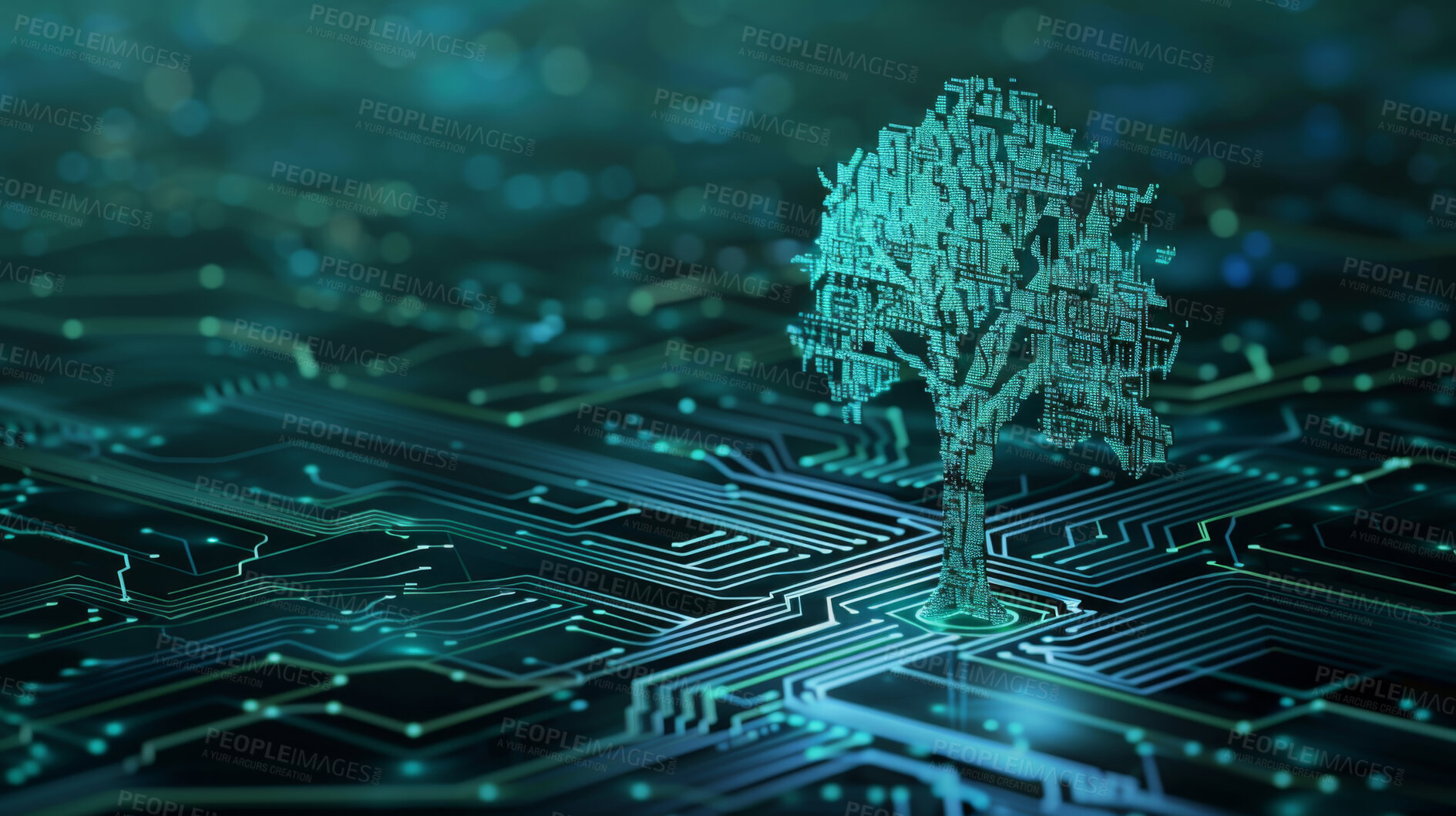 Buy stock photo Tree, tech and wireframe with circuit board, future and microchip with database and sustainability. Engineering, connection and code for network development and electrical system with cyber security