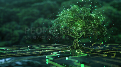 Tree, wireframe and innovation for green energy, network and tech for sustainability and roots. Natural resources, futuristic agriculture and code for eco friendly systems and biotech with research