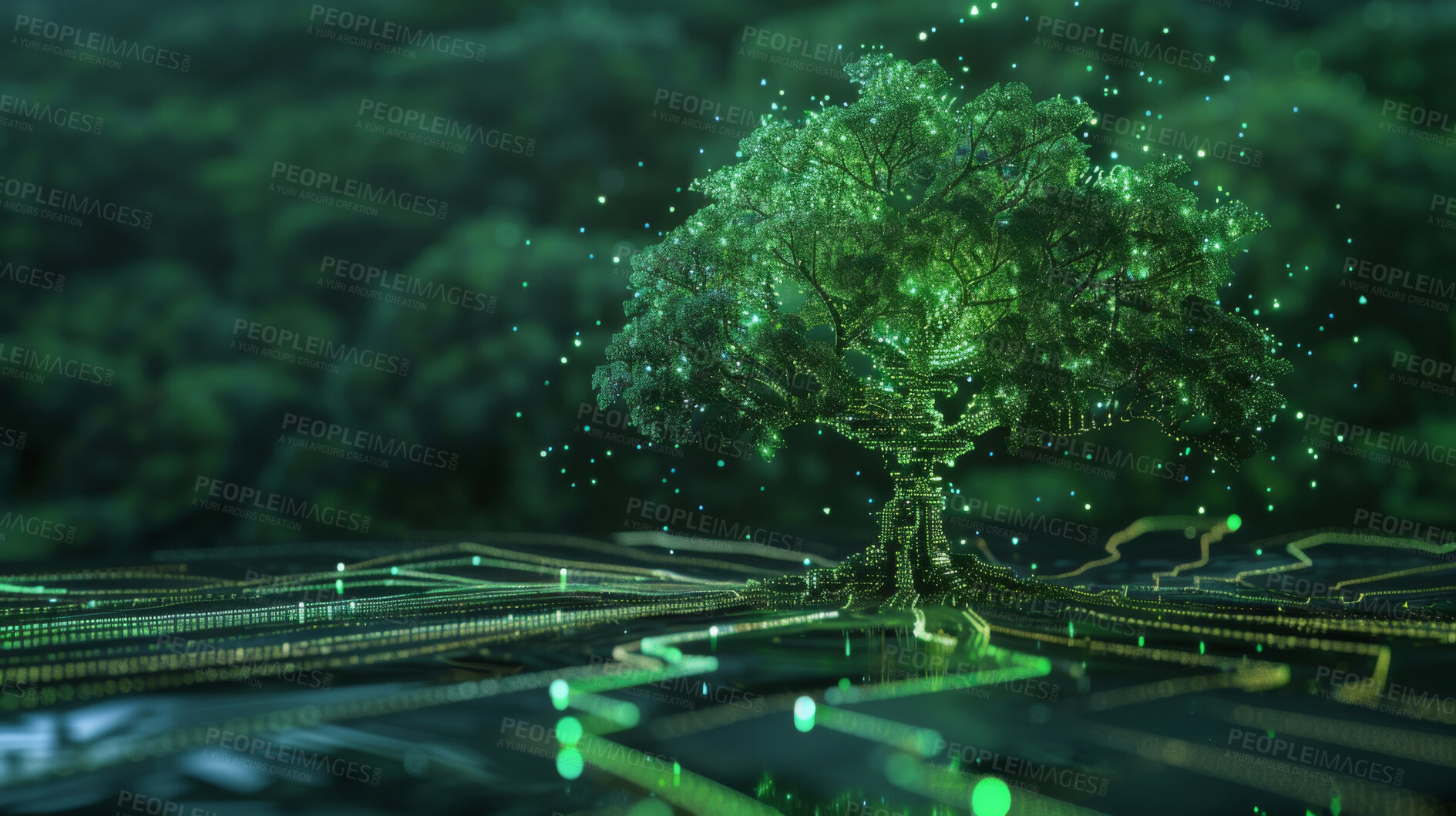 Buy stock photo Tree, wireframe and innovation for green energy, network and tech for sustainability and roots. Natural resources, futuristic agriculture and code for eco friendly systems and biotech with research