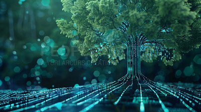 Tree, futuristic or wireframe with green energy, innovation or internet with database or science. Biotech, connection or network development for eco friendly system with engineering or sustainability