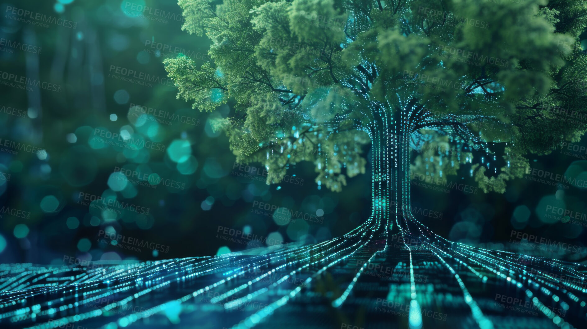 Buy stock photo Tree, futuristic or wireframe with green energy, innovation or internet with database or science. Biotech, connection or network development for eco friendly system with engineering or sustainability