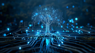 Tree, tech and wireframe with innovation, future and internet with database and sustainability. Natural resources, connection and code for network development and electrical system with engineering