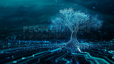 Tree, tech and wireframe with innovation, green energy and internet with database and sustainability. Futuristic, connection and engineering for network development or eco friendly system with nature