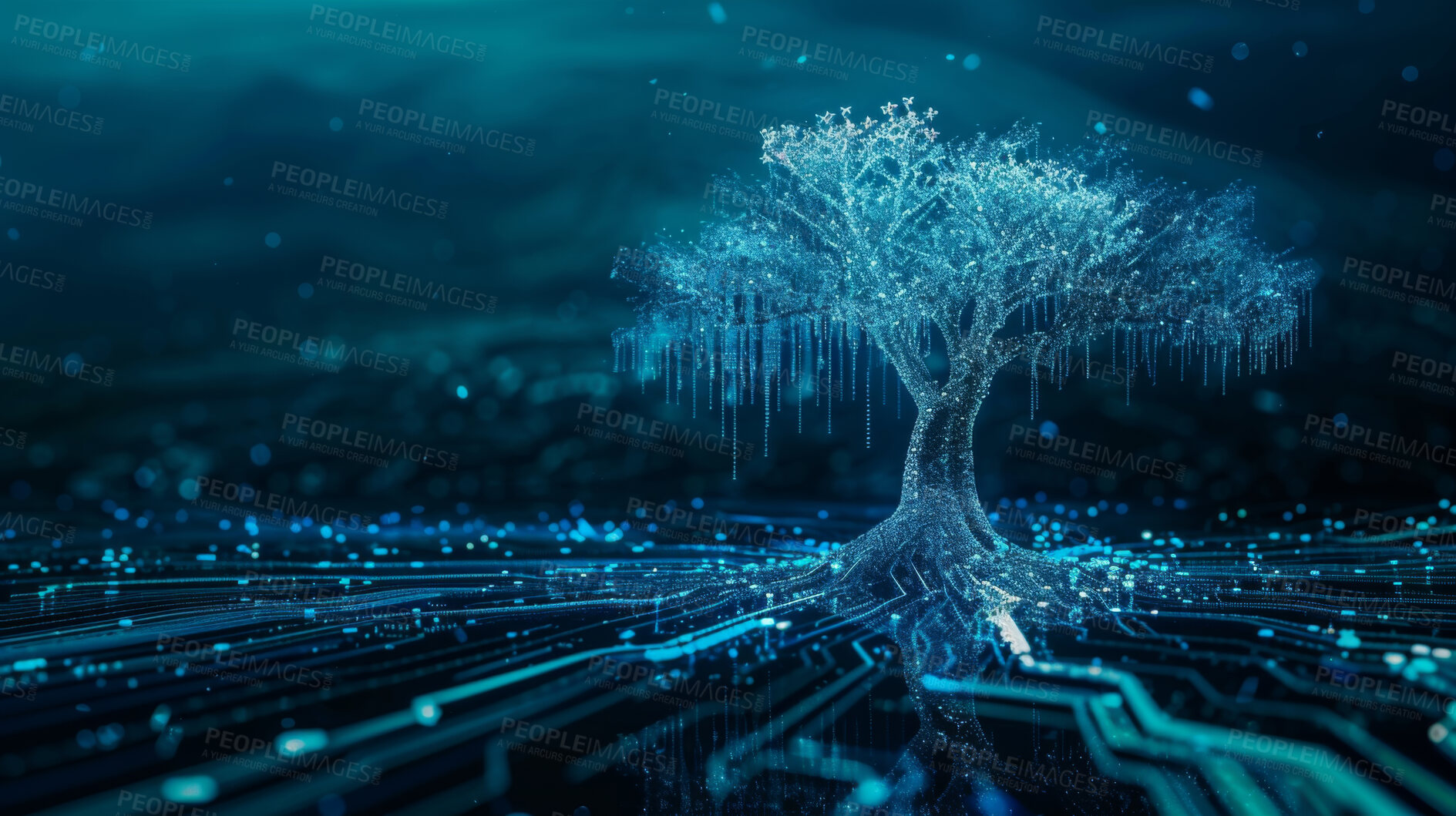 Buy stock photo Tree, tech and wireframe with innovation, green energy and internet with database and sustainability. Futuristic, connection and engineering for network development or eco friendly system with nature