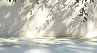 Wallpaper, plants and shadow of leaves with space for product placement, texture and background. Empty, wall and light with nature for creative pattern, design and sunshine on white background