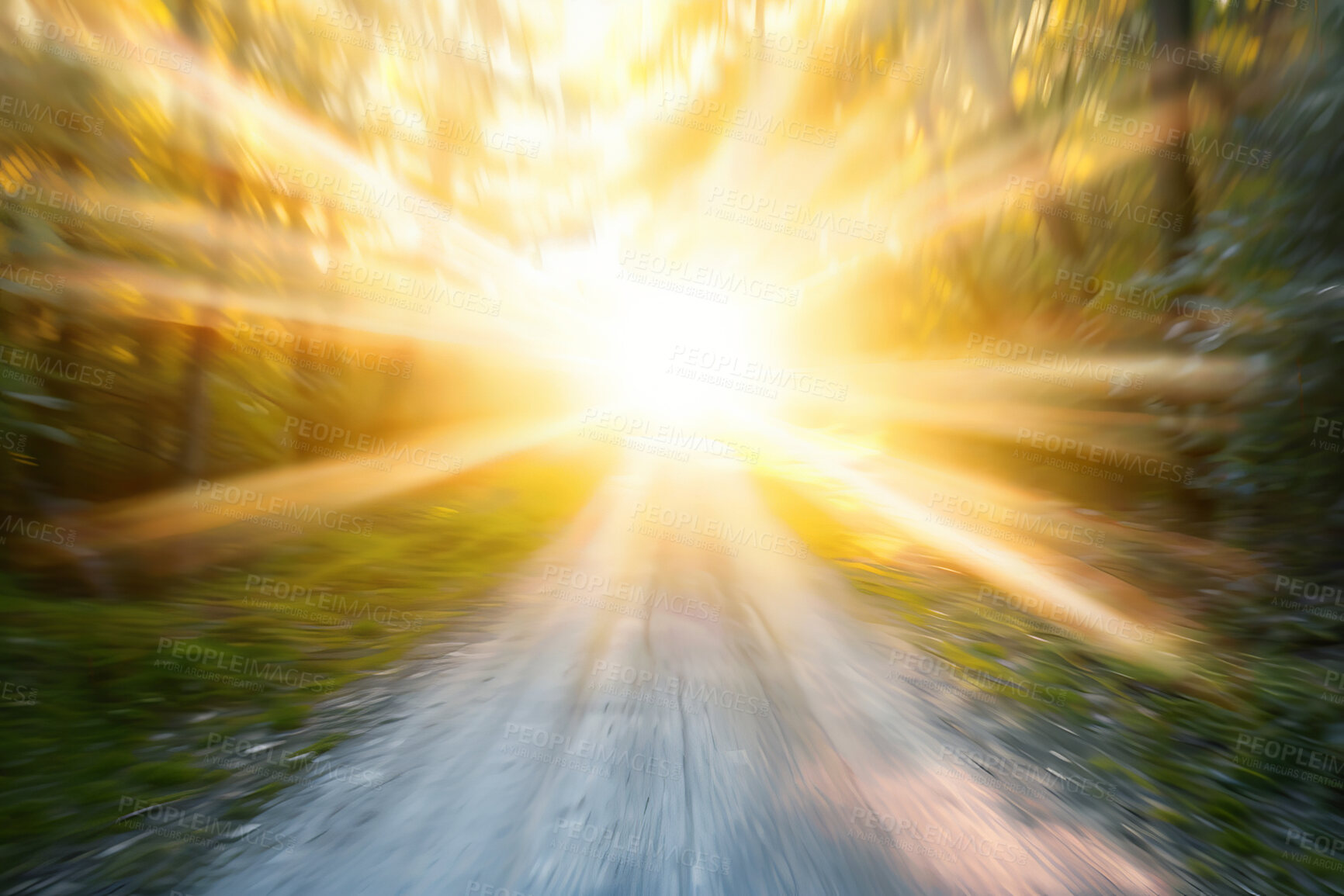 Buy stock photo Light, forest and motion blur on empty path with environment, summer journey and travel in nature. Journey, earth and woods with sunshine for sustainability, ecology and commute at countryside