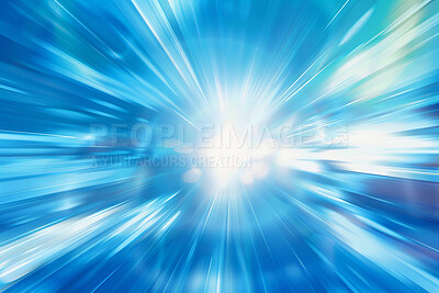 Buy stock photo Rays, light and prism in abstract with flare, 3D and transparent for illustration or background. Rainbow, effect and blur for wallpaper, backdrop or texture on blue for color, radiant and futuristic