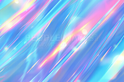 Buy stock photo Prism, light and neon in abstract with flare, overlay and transparent for illustration or background. Rainbow, effect and glow for wallpaper, backdrop or texture on blue with color, radiant and rays