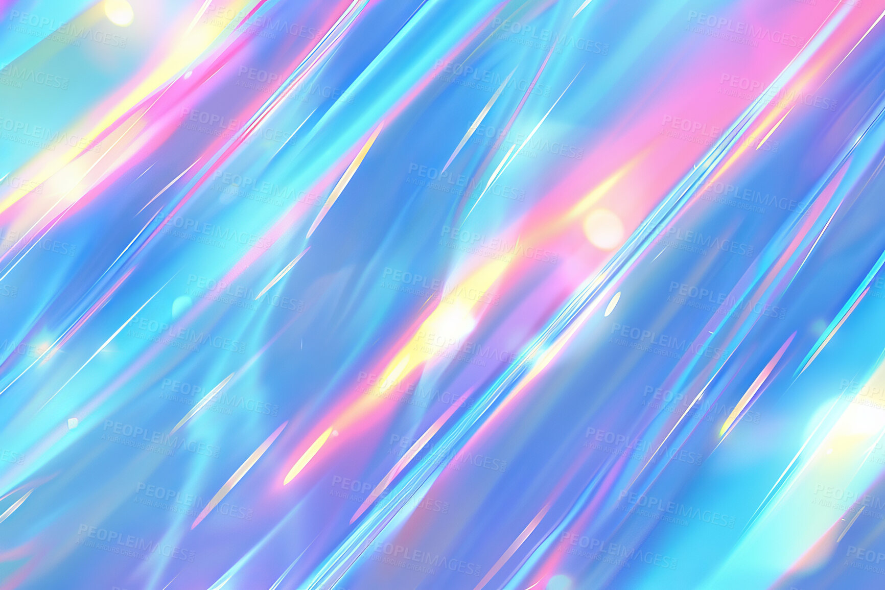 Buy stock photo Prism, light and neon in abstract with flare, overlay and transparent for illustration or background. Rainbow, effect and glow for wallpaper, backdrop or texture on blue with color, radiant and rays