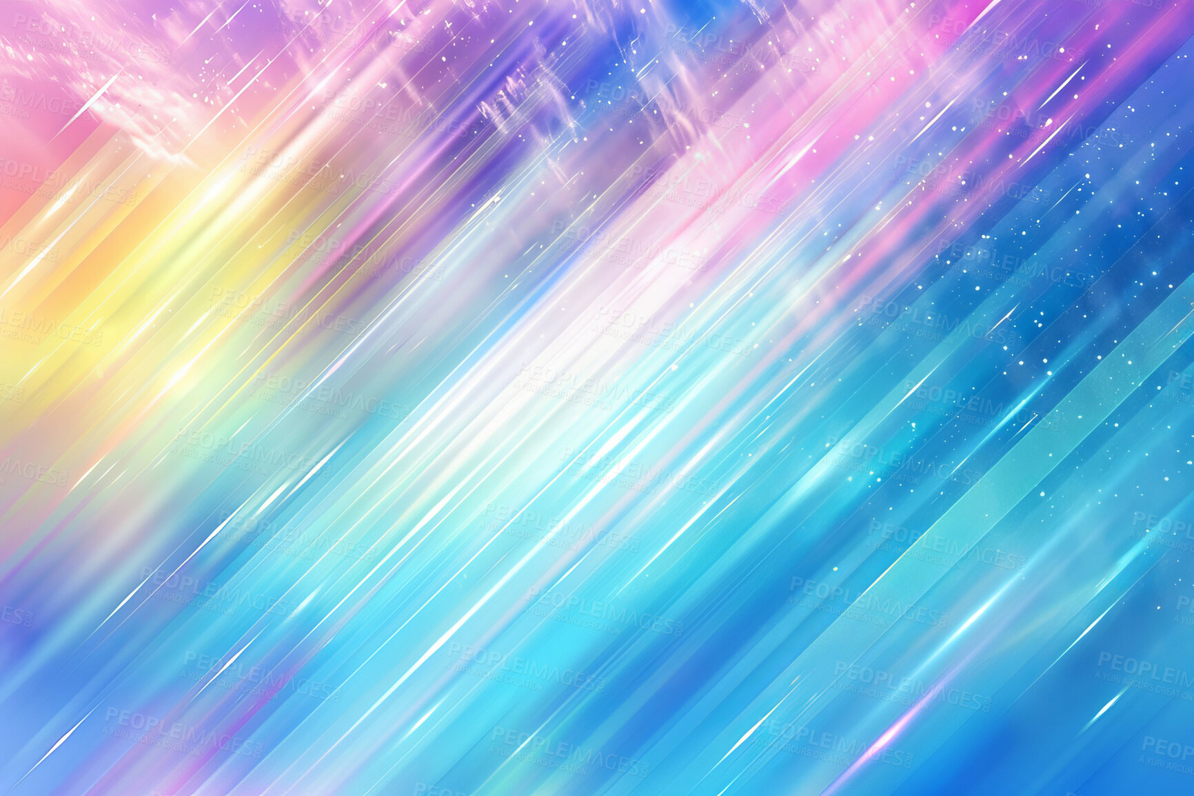 Buy stock photo Abstract, hologram and wallpaper with rainbow refraction, glitter and 3d rays foil. Neon, prism and light from crystal with reflective effect, creative design or mermaid or fairy colours for children