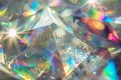 Background, prism and refraction of light in glass closeup for mineral mining of precious stone or gem. Abstract, object and diamond with natural rock reflection for bright rainbow effect or color