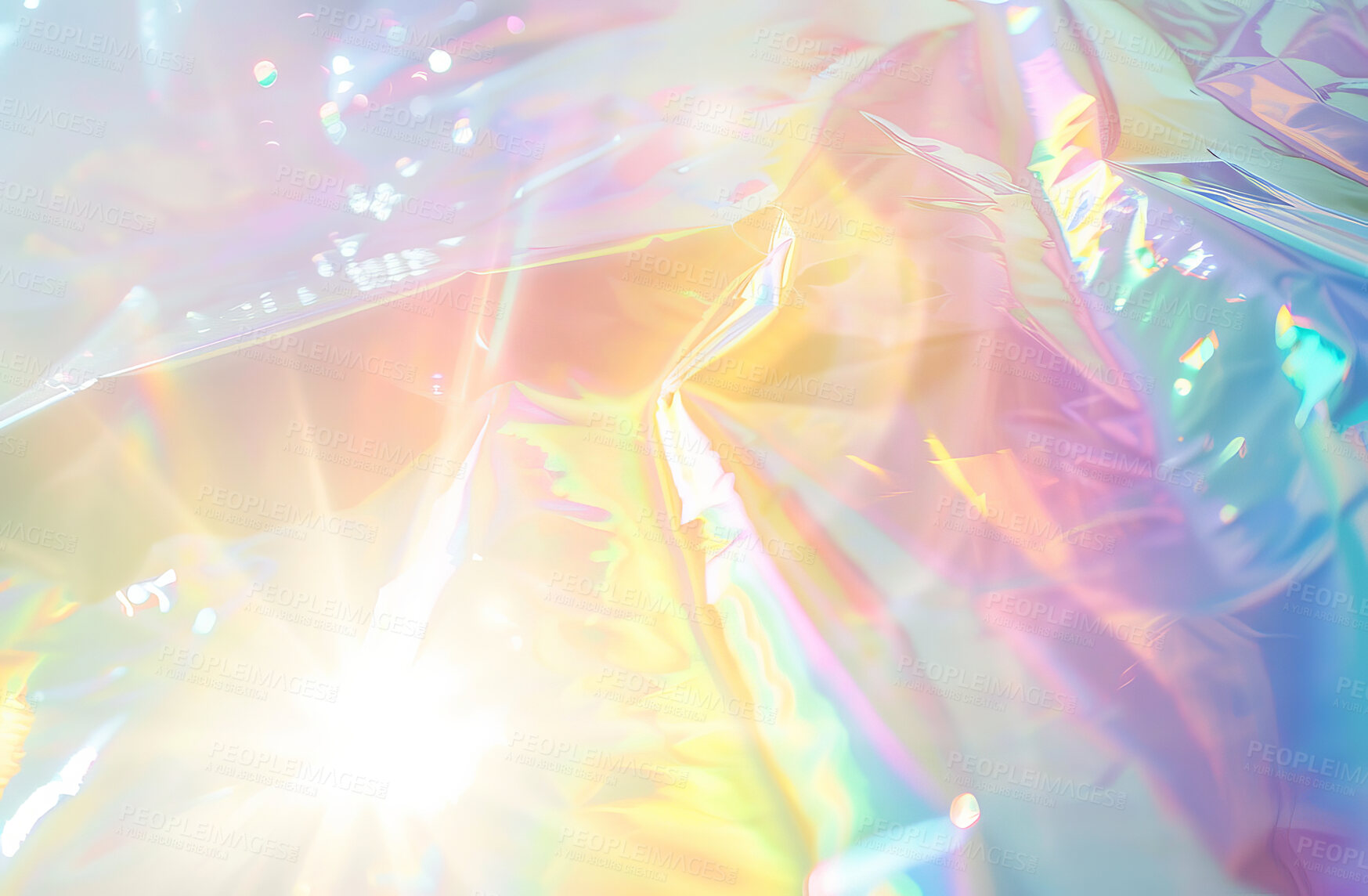 Buy stock photo Color, background and iridescent holo fabric with flare, texture and light with pastel neon shine. Pattern, backdrop and holographic cloth for creative pearl art, wallpaper space or futuristic design