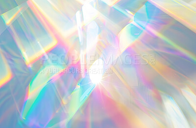 Buy stock photo Refraction, rainbow and prism for texture, chrome and material for pattern. Holographic, iridescent and futuristic and shiny wallpaper with metallic, fairy or lgbtq colours with creative neon design 