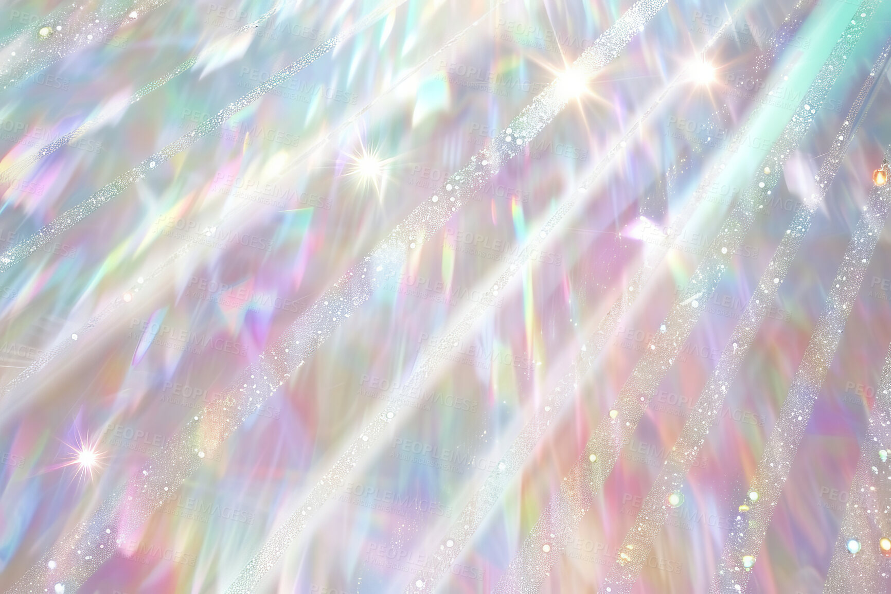 Buy stock photo Color, background and holographic fabric with sparkle, light and rays on pastel neon shine. Pattern, backdrop and cloth with iridescent holo glow on creative pearl art, wallpaper or futuristic design