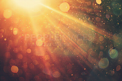 Buy stock photo Light flare, rays and bokeh with sunshine background and bright glow for glitter effect. Colorful, gradient and golden beams, sparkles or explosion in sky with stars and shine for design wallpaper.