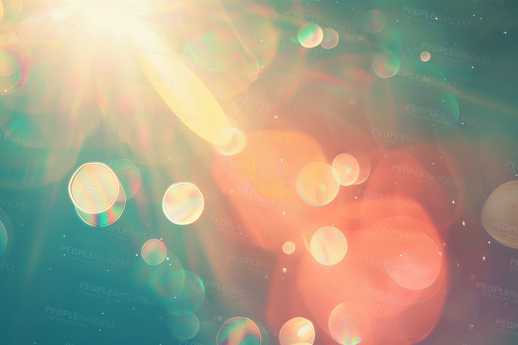 Buy stock photo Light, flare and texture in abstract with bokeh for bright glow, shine and colorful wallpaper. Rays, composition and refraction with sunlight for background, creative pattern and graphic design