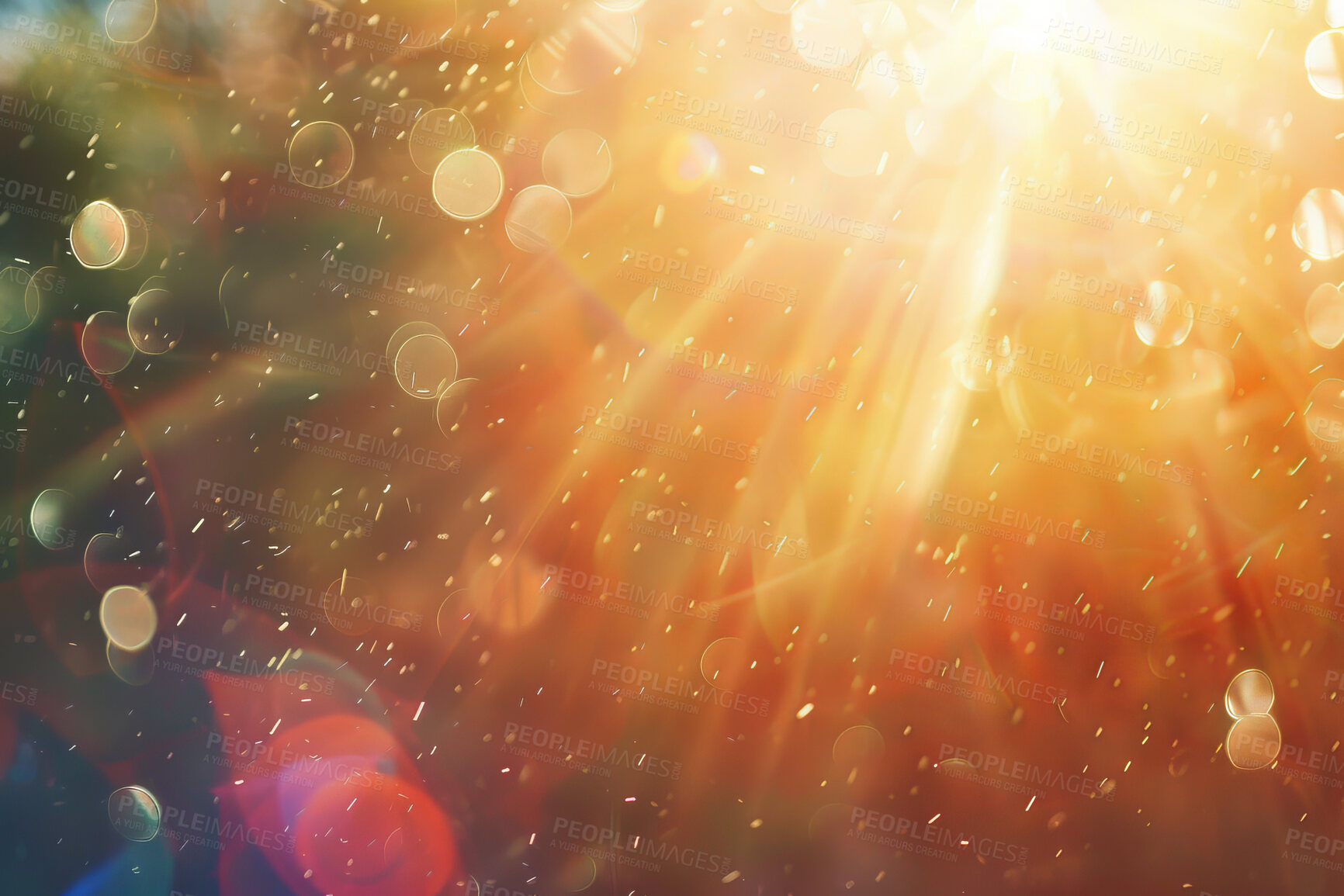 Buy stock photo Sun, sky or light for art abstract, bokeh and magic of hope, healing and energy alignment. Lens flare, planet or gold sunshine pattern for comet news, philosophy or starburst, glow or space explosion