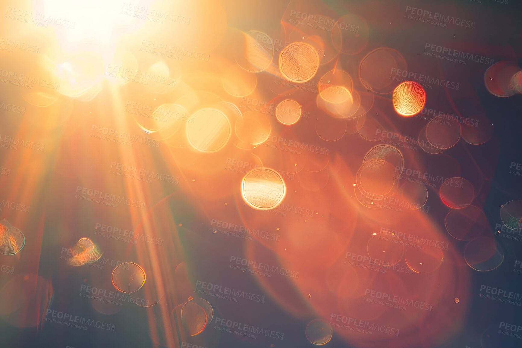 Buy stock photo Light, bokeh and rays for art abstract, gold and magic of hope, healing and energy alignment. Lens flare, zoom or microscopic view of sunshine pattern for comet news, philosophy and starburst glow