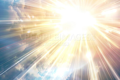 Buy stock photo Sky, clouds and abstract light for faith, prayer or healing with lens flare or explosion of rays. 3d, illustration and halo of energy, graphic or glow or sparkle on glass, crystal and scifi wallpaper