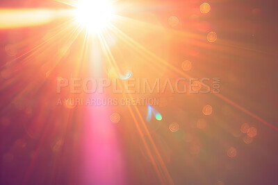 Light flare, rays and bokeh with sunset background and transparent glow for rainbow effect. Colorful, gradient and golden beams, sparkles or explosion in sky with stairs and glitter for design.